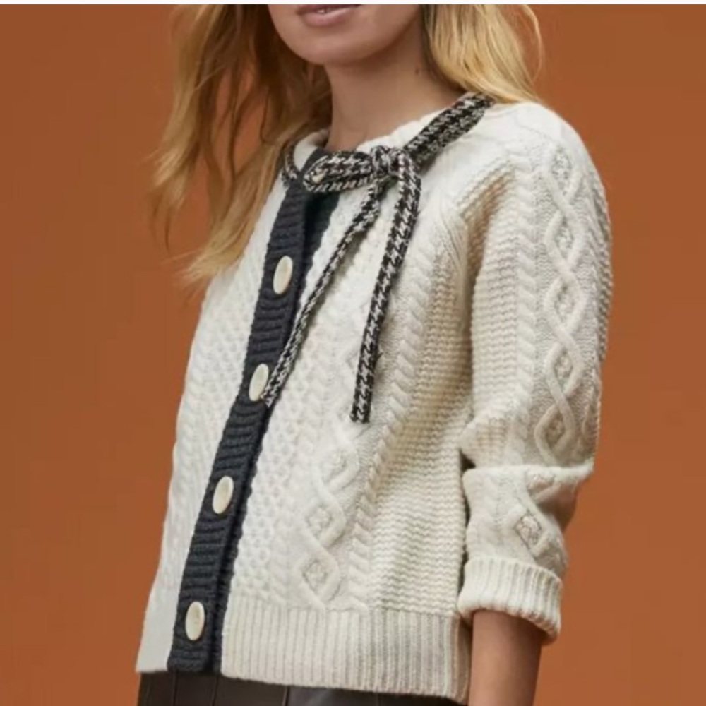 Anthropologie The Reeds Ivory and Black Cable Knit Wool Cardigan size XS - Picture 2 of 8